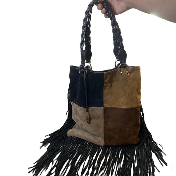 D2 Italian Leather Fringed Color Block Shoulder Bag - Picture 1 of 6